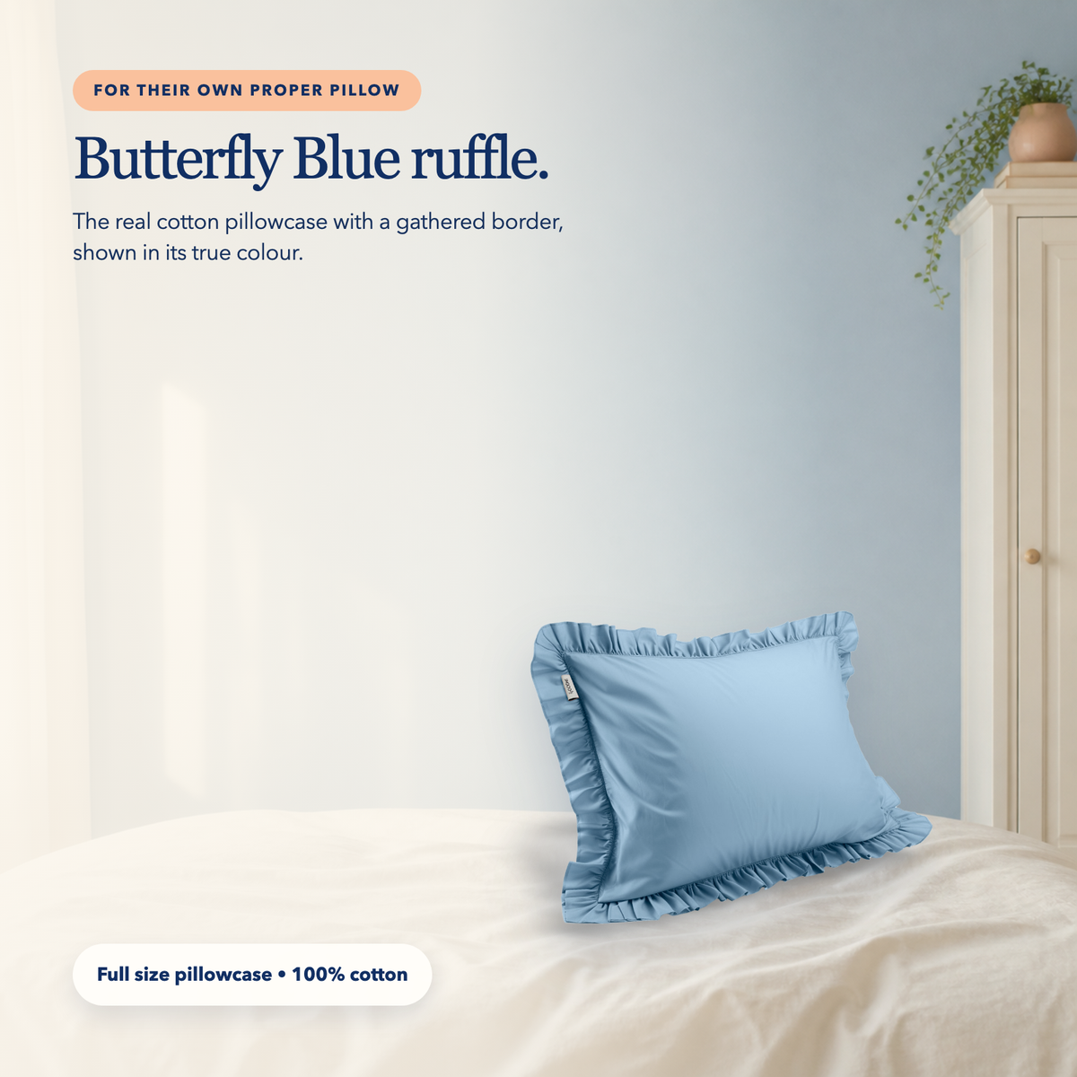 Full Size Cotton Ruffled Pillowcase in Butterfly Blue, image 1 of 4