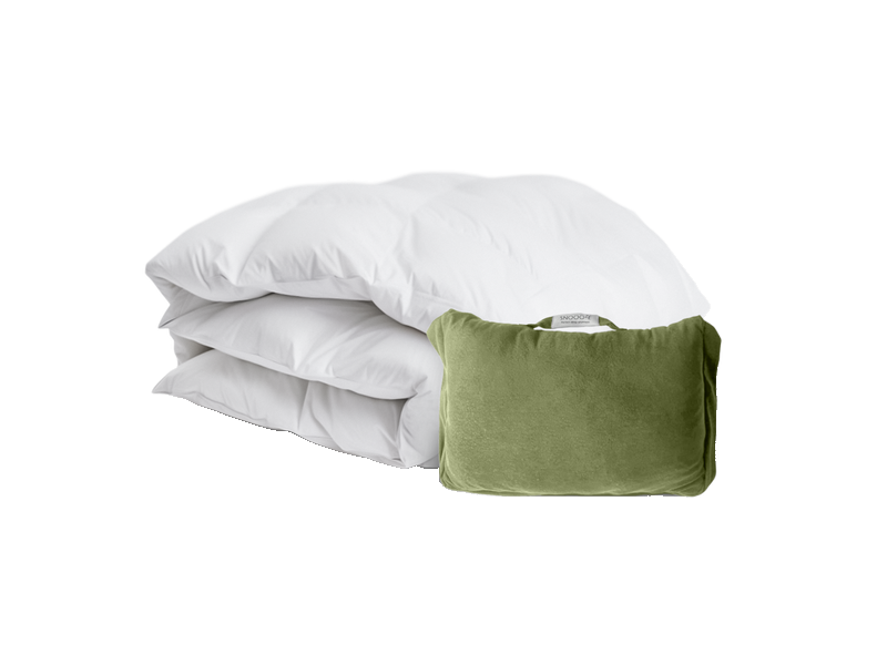 Little Cloud Cosy goose-down duvet beside its included khaki carry bag